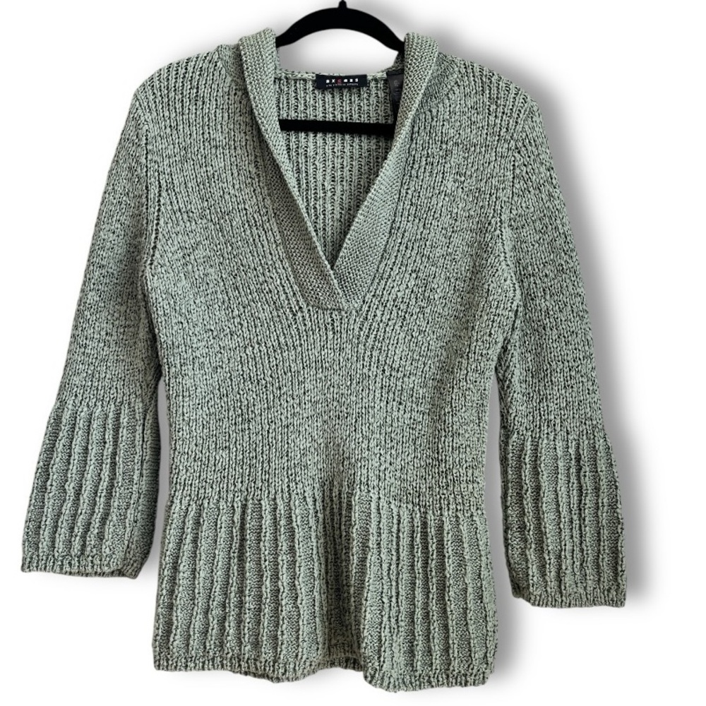Vintage Axcess Y2K Sage Green Chunky Woven 3/4 Sleeve V neck Sweater w/ hood
